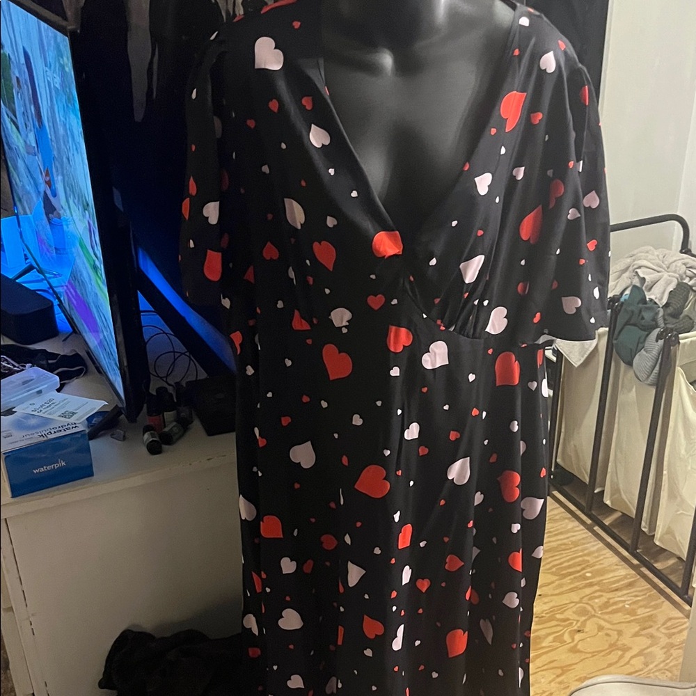 SHEIN Black Midi Dress with Red and Pink Hearts
